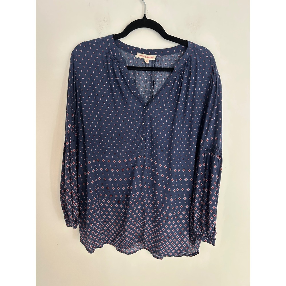 Grand & Greene Navy Blue Geometric Diamond Print Balloon Sleeve Blouse Large